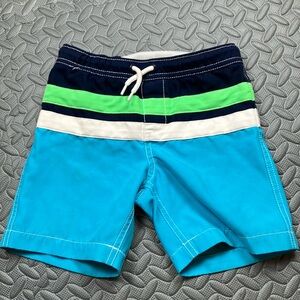 Lands End Boys Swim Trunks Size S Blue Green‎ White Stripe Swimsuit Shorts